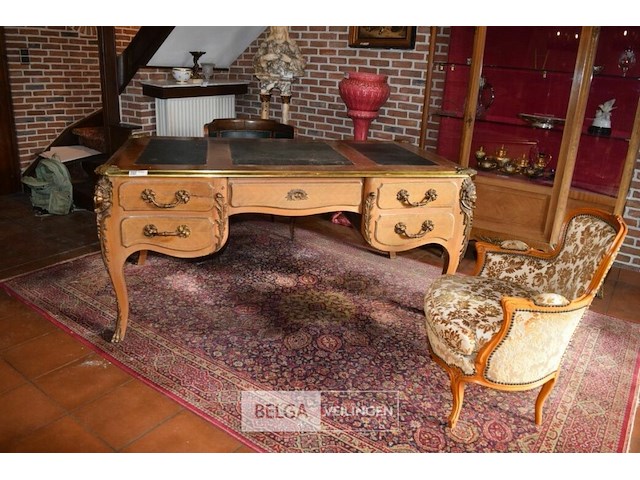 Antieken bureau louis xv stijl met brons beslag en 2 zeteltjes - afbeelding 1 van  9