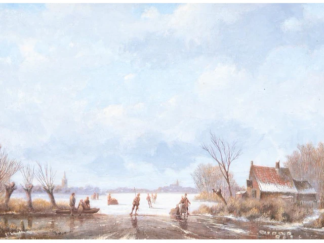 Antonij andreas de meyer (1806-1867), ice skaters in a dutch landscape, oil on canvas 23 x 30.5 cm. (9.06 x 12.00 in.), frame: 30 x 37 cm. (11.81 x 14.57 in.) - afbeelding 1 van  5