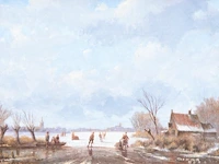 Antonij andreas de meyer (1806-1867), ice skaters in a dutch landscape, oil on canvas 23 x 30.5 cm. (9.06 x 12.00 in.), frame: 30 x 37 cm. (11.81 x 14.57 in.)
