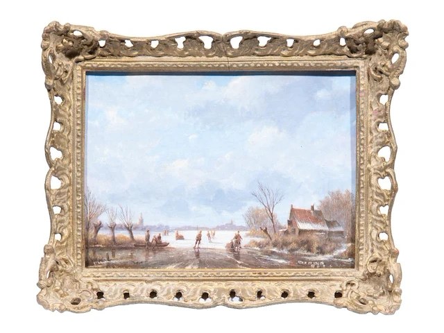 Antonij andreas de meyer (1806-1867), ice skaters in a dutch landscape, oil on canvas 23 x 30.5 cm. (9.06 x 12.00 in.), frame: 30 x 37 cm. (11.81 x 14.57 in.) - afbeelding 2 van  5