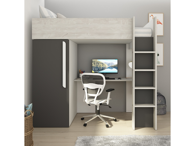 Antraciet hoogslaper bo9 90x200 cm met bureau en kast - afbeelding 1 van  7