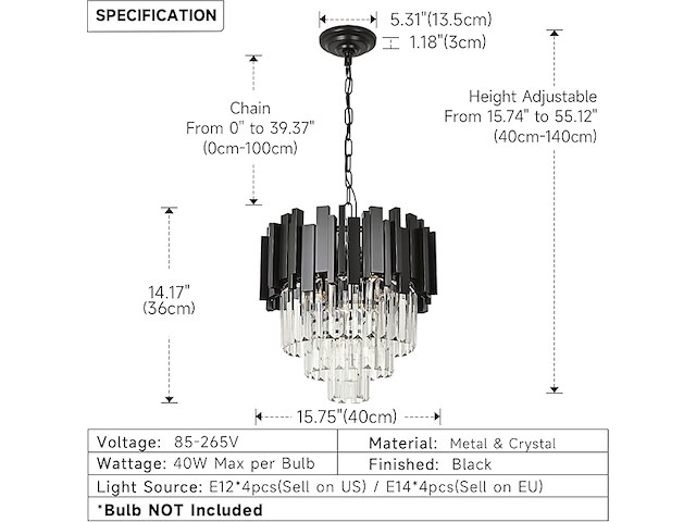 Aoochok zwart kristallen hanglamp - afbeelding 3 van  3