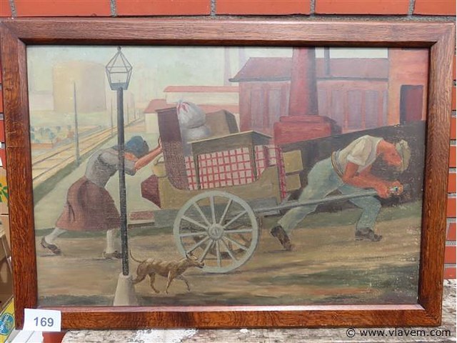 Arbeiders scène met hond, paneel, gesigneerd - afbeelding 1 van  4