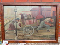 Arbeiders scène met hond, paneel, gesigneerd - afbeelding 1 van  4