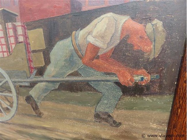 Arbeiders scène met hond, paneel, gesigneerd - afbeelding 2 van  4