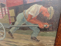Arbeiders scène met hond, paneel, gesigneerd - afbeelding 2 van  4