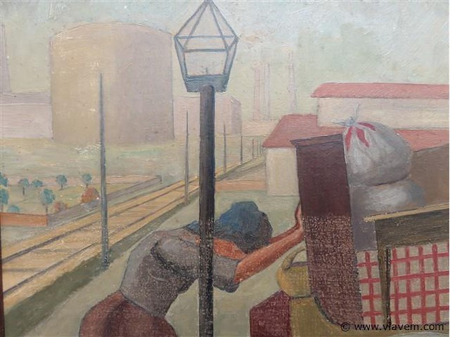 Arbeiders scène met hond, paneel, gesigneerd - afbeelding 3 van  4