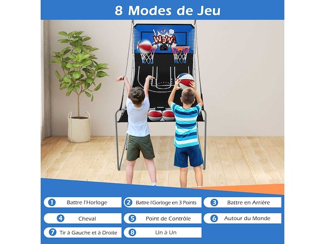 Arcade basketbalspel opvouwbaar 2 manden, 4 ballen inflatiepomp basketbal ring voor 1 tot 4 spelers met blauw scoresysteem - afbeelding 2 van  11