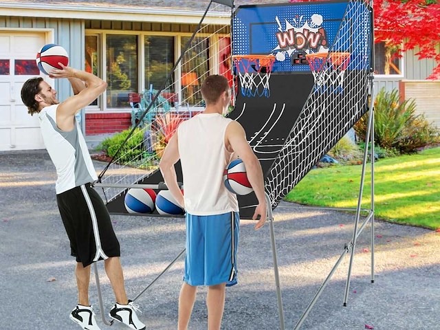 Arcade basketbalspel opvouwbaar 2 manden, 4 ballen inflatiepomp basketbal ring voor 1 tot 4 spelers met blauw scoresysteem - afbeelding 1 van  11