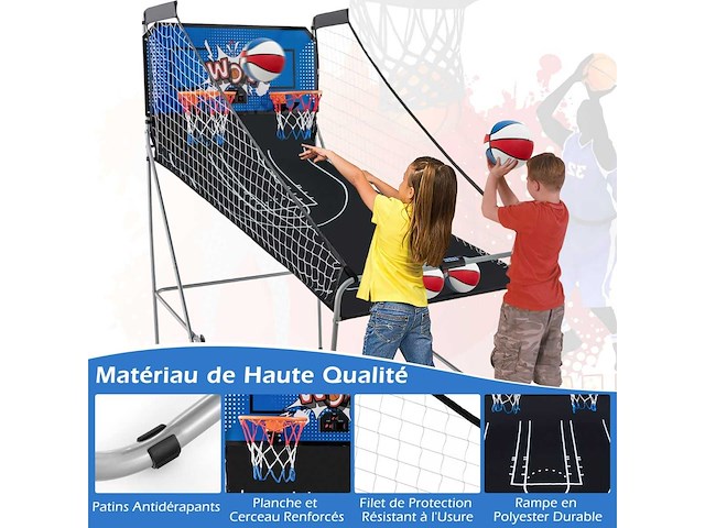 Arcade basketbalspel opvouwbaar 2 manden, 4 ballen inflatiepomp basketbal ring voor 1 tot 4 spelers met blauw scoresysteem - afbeelding 8 van  11
