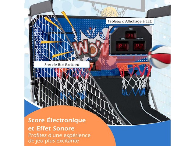 Arcade basketbalspel opvouwbaar 2 manden, 4 ballen inflatiepomp basketbal ring voor 1 tot 4 spelers met blauw scoresysteem - afbeelding 9 van  11