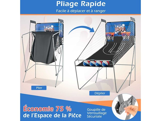 Arcade basketbalspel opvouwbaar 2 manden, 4 ballen inflatiepomp basketbal ring voor 1 tot 4 spelers met blauw scoresysteem - afbeelding 10 van  11