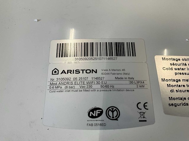 Ariston andris 30 elite wifi elektrische waterverwarmer - afbeelding 5 van  5