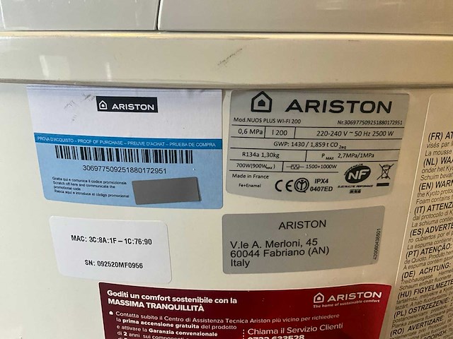 Ariston nuos plus wi-fi 200 cod.3069775 warmtepompboiler - afbeelding 6 van  7