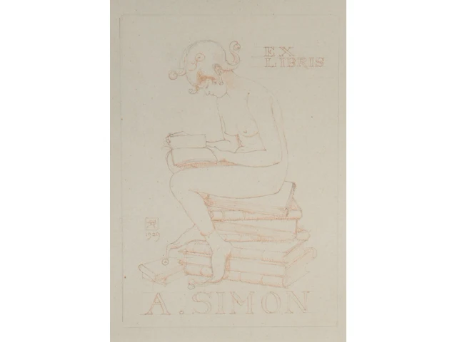 Armand rassenfosse (1862-1934), an ex-libris design for 'a. simon', 1929, pencil and sanguine on paper 20 x 14 cm. (7.87 x 5.50 in.), frame: 42 x 32 cm. (16.53 x 12.59 in.) - afbeelding 1 van  3