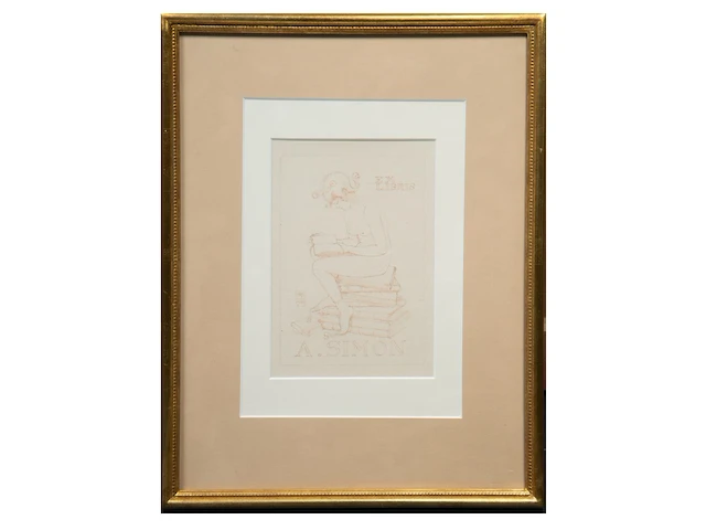 Armand rassenfosse (1862-1934), an ex-libris design for 'a. simon', 1929, pencil and sanguine on paper 20 x 14 cm. (7.87 x 5.50 in.), frame: 42 x 32 cm. (16.53 x 12.59 in.) - afbeelding 2 van  3