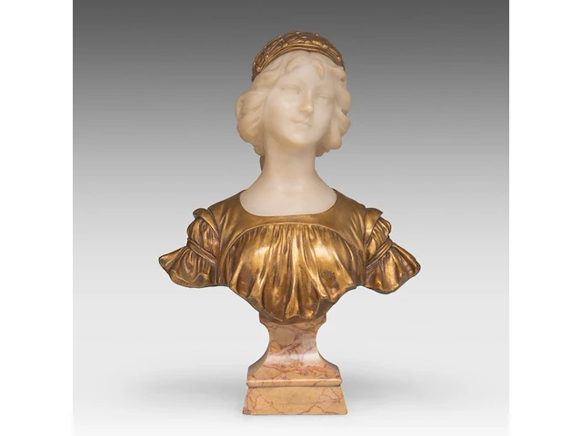 Armando calendi (1882-1943), bust of a young girl, gilt bronze, alabaster and marble 45 cm. (17.71 in.) - afbeelding 1 van  7