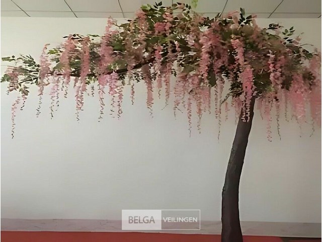 Artificiële wisteria boom kleur : roze met groene bladeren - afbeelding 1 van  1