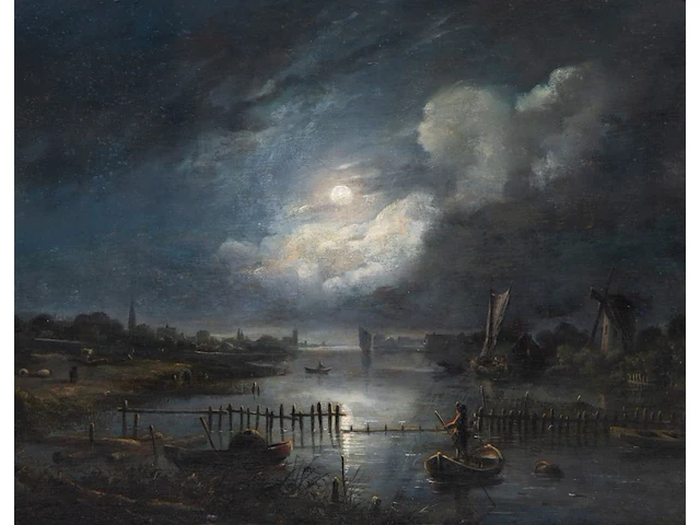 Attrib. to aert i van der neer (1603/04-1677), ferry boat by moonlight, oil on panel 33 x 41.5 cm. (12.99 x 16.33 in.), frame: 48 x 56.5 cm. (18.89 x 22.23 in.) - afbeelding 1 van  5