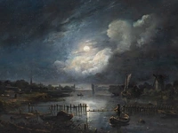 Attrib. to aert i van der neer (1603/04-1677), ferry boat by moonlight, oil on panel 33 x 41.5 cm. (12.99 x 16.33 in.), frame: 48 x 56.5 cm. (18.89 x 22.23 in.)