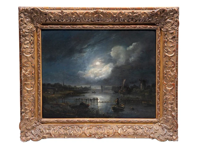 Attrib. to aert i van der neer (1603/04-1677), ferry boat by moonlight, oil on panel 33 x 41.5 cm. (12.99 x 16.33 in.), frame: 48 x 56.5 cm. (18.89 x 22.23 in.) - afbeelding 2 van  5