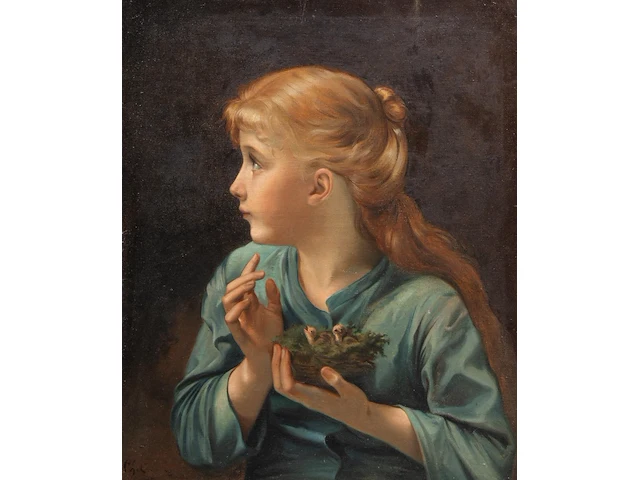 Attrib. to charles chaplin (1825-1891), a young girl holding a bird's nest with chicks, oil on canvas 65 x 55 cm. (25.58 x 21.64 in.), frame: 80 x 70 cm. (31 1/2 x 27.55 in.) - afbeelding 1 van  5