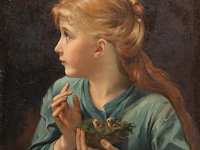 Attrib. to charles chaplin (1825-1891), a young girl holding a bird's nest with chicks, oil on canvas 65 x 55 cm. (25.58 x 21.64 in.), frame: 80 x 70 cm. (31 1/2 x 27.55 in.)