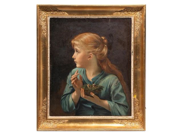 Attrib. to charles chaplin (1825-1891), a young girl holding a bird's nest with chicks, oil on canvas 65 x 55 cm. (25.58 x 21.64 in.), frame: 80 x 70 cm. (31 1/2 x 27.55 in.) - afbeelding 2 van  5