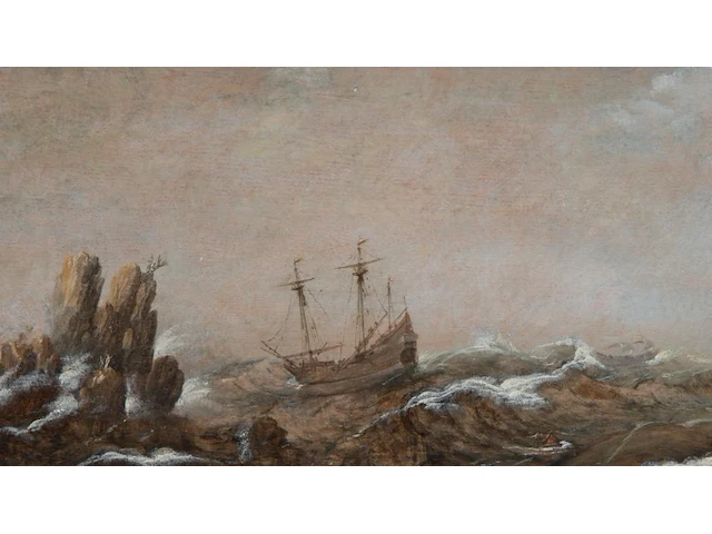 Attrib. to cornelis verbeeck (1590-1633), two-masted ship off a rocky coast, oil on oak 26 x 44 cm. (10.24 x 17.32 in.), frame: 37 x 55 cm. (14.57 x 21.64 in.) - afbeelding 1 van  6