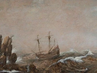 Attrib. to cornelis verbeeck (1590-1633), two-masted ship off a rocky coast, oil on oak 26 x 44 cm. (10.24 x 17.32 in.), frame: 37 x 55 cm. (14.57 x 21.64 in.)
