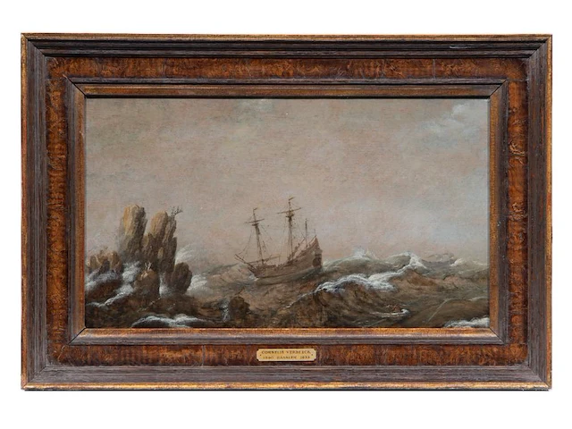 Attrib. to cornelis verbeeck (1590-1633), two-masted ship off a rocky coast, oil on oak 26 x 44 cm. (10.24 x 17.32 in.), frame: 37 x 55 cm. (14.57 x 21.64 in.) - afbeelding 2 van  6