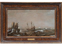 Attrib. to cornelis verbeeck (1590-1633), two-masted ship off a rocky coast, oil on oak 26 x 44 cm. (10.24 x 17.32 in.), frame: 37 x 55 cm. (14.57 x 21.64 in.) - afbeelding 2 van  6