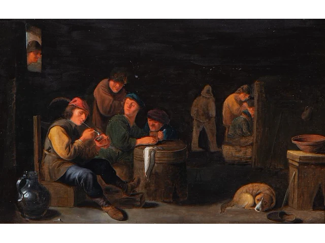 Attrib. to jan miense molenaer (1605-1668), smokers in an inn, oil on oak, 35 x 56 cm. (13.77 x 22.05 in.), frame: 50 x 70 cm. (19.67 x 27.55 in.) - afbeelding 1 van  7