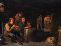 Attrib. to jan miense molenaer (1605-1668), smokers in an inn, oil on oak, 35 x 56 cm. (13.77 x 22.05 in.), frame: 50 x 70 cm. (19.67 x 27.55 in.)