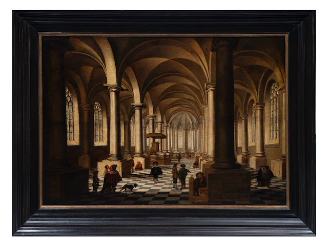 Attrib. to jan van der vucht (1603-1637), figures in a protestant church interior in holland, oil on oak, 58 x 83.5 cm. (22.82 x 32.86 in.), frame: 74 x 100 cm. (29.12 x 39.36 in.) - afbeelding 1 van  3