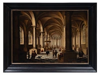 Attrib. to jan van der vucht (1603-1637), figures in a protestant church interior in holland, oil on oak, 58 x 83.5 cm. (22.82 x 32.86 in.), frame: 74 x 100 cm. (29.12 x 39.36 in.)