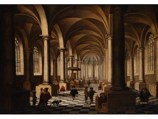 Attrib. to jan van der vucht (1603-1637), figures in a protestant church interior in holland, oil on oak, 58 x 83.5 cm. (22.82 x 32.86 in.), frame: 74 x 100 cm. (29.12 x 39.36 in.) - afbeelding 3 van  3