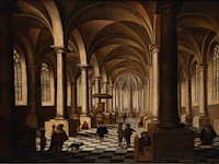 Attrib. to jan van der vucht (1603-1637), figures in a protestant church interior in holland, oil on oak, 58 x 83.5 cm. (22.82 x 32.86 in.), frame: 74 x 100 cm. (29.12 x 39.36 in.) - afbeelding 3 van  3