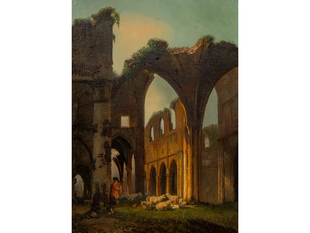 Attrib. to jean-baptist huet (1745-1811), shepherd with his flock of sheep near ruins, oil on canvas 71 x 52 cm. (27.94 x 20.46 in.), frame: 85 x 66 cm. (33.46 x 25.98 in.) - afbeelding 1 van  5