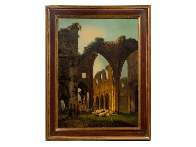 Attrib. to jean-baptist huet (1745-1811), shepherd with his flock of sheep near ruins, oil on canvas 71 x 52 cm. (27.94 x 20.46 in.), frame: 85 x 66 cm. (33.46 x 25.98 in.) - afbeelding 2 van  5