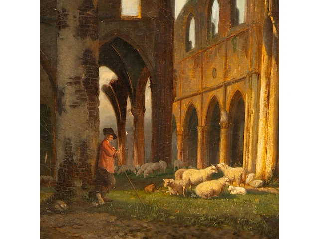 Attrib. to jean-baptist huet (1745-1811), shepherd with his flock of sheep near ruins, oil on canvas 71 x 52 cm. (27.94 x 20.46 in.), frame: 85 x 66 cm. (33.46 x 25.98 in.) - afbeelding 4 van  5