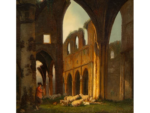 Attrib. to jean-baptist huet (1745-1811), shepherd with his flock of sheep near ruins, oil on canvas 71 x 52 cm. (27.94 x 20.46 in.), frame: 85 x 66 cm. (33.46 x 25.98 in.) - afbeelding 5 van  5