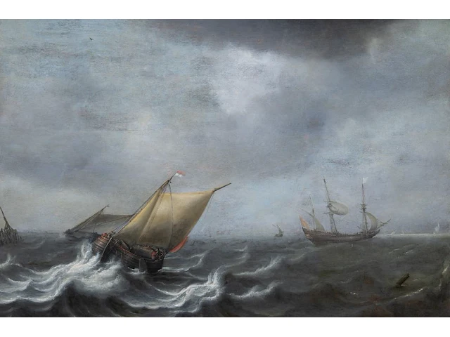 Attrib. to jochem de vries (act. 1628-1670), ships in rough water, oil on oak 57 x 85 cm. (22.44 x 33.46 in.), frame: 70 x 97.5 cm. (27.55 x 38.39 in.) - afbeelding 1 van  5