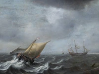 Attrib. to jochem de vries (act. 1628-1670), ships in rough water, oil on oak 57 x 85 cm. (22.44 x 33.46 in.), frame: 70 x 97.5 cm. (27.55 x 38.39 in.)