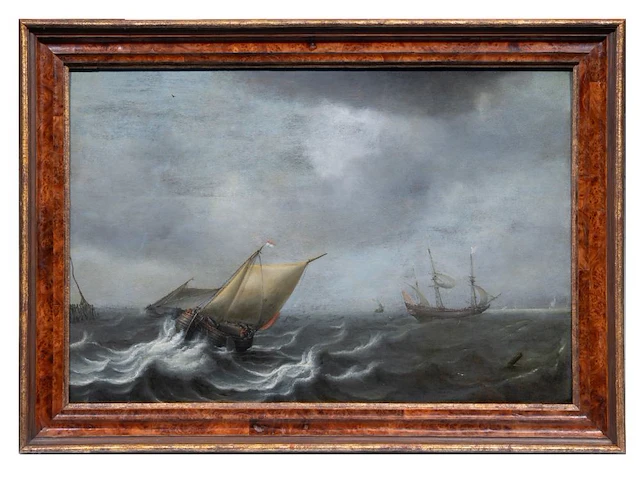 Attrib. to jochem de vries (act. 1628-1670), ships in rough water, oil on oak 57 x 85 cm. (22.44 x 33.46 in.), frame: 70 x 97.5 cm. (27.55 x 38.39 in.) - afbeelding 2 van  5