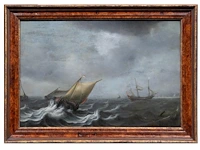 Attrib. to jochem de vries (act. 1628-1670), ships in rough water, oil on oak 57 x 85 cm. (22.44 x 33.46 in.), frame: 70 x 97.5 cm. (27.55 x 38.39 in.) - afbeelding 2 van  5