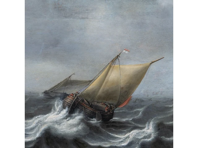 Attrib. to jochem de vries (act. 1628-1670), ships in rough water, oil on oak 57 x 85 cm. (22.44 x 33.46 in.), frame: 70 x 97.5 cm. (27.55 x 38.39 in.) - afbeelding 4 van  5