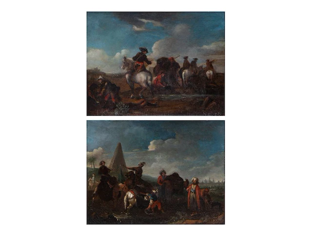 Attrib. to philips wouwerman (1619-1668), a pair of pendant paintings of military convoys, oil on canvas 32 x 42.5 cm. (12.59 x 16.73 in.) - afbeelding 1 van  4