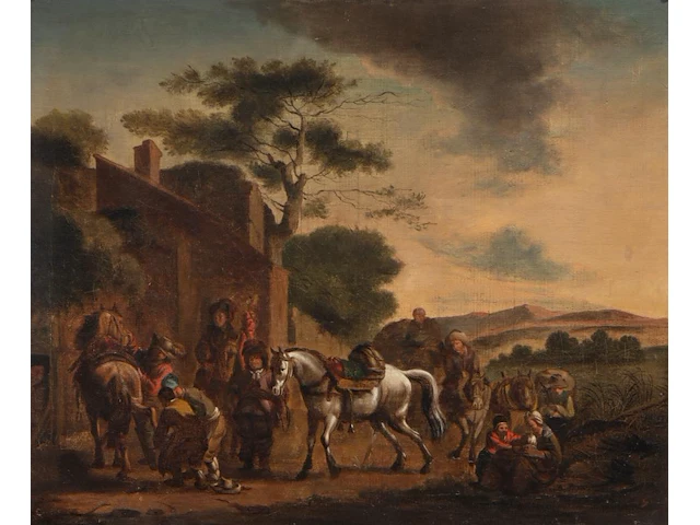 Attrib. to philips wouwermans (1619-1668), travellers near the inn, oil on canvas 46 x 56 cm. (18.1 x 22.0 in.), frame: 69 x 77 cm. (27.1 x 30.3 in.) - afbeelding 1 van  6