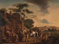Attrib. to philips wouwermans (1619-1668), travellers near the inn, oil on canvas 46 x 56 cm. (18.1 x 22.0 in.), frame: 69 x 77 cm. (27.1 x 30.3 in.)